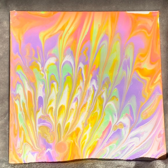 Original Paint Pour Art! 8x8 canvas board with neon pink, purple, green & white - Picture 2 of 5